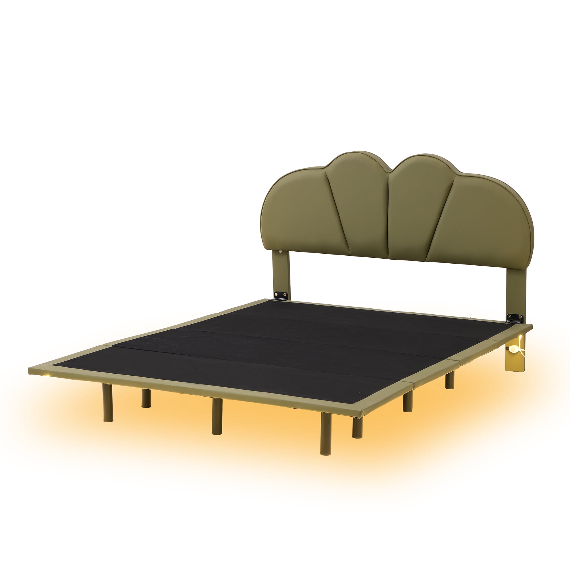 Euroco Full Size Upholstery Floating Bed with LED Lights, PU Leather Headboard Platform Bed for Kids Teens Adults, Green
