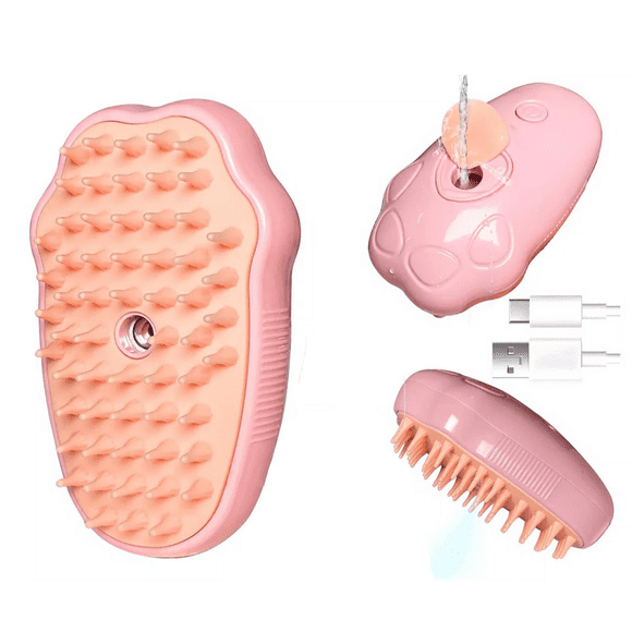 3-in-1 Pet Multifunctional Grooming Tool: Electric Steam Spray Brush with Massage Function for Cats & Dogs, Anti-Tangle, Reduces Shedding, Safe Round Tips - Cat Paw Design in Pink