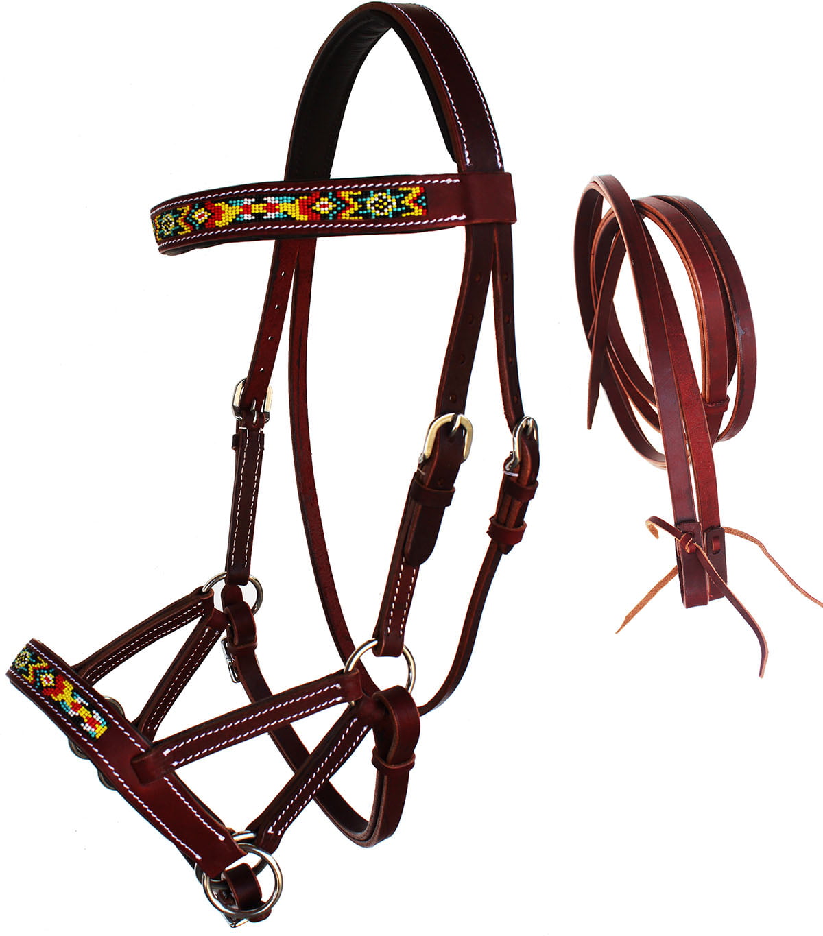 Horse Western Leather Beaded Bitless Sidepull Bridle Reins 77RS19MG-F ...