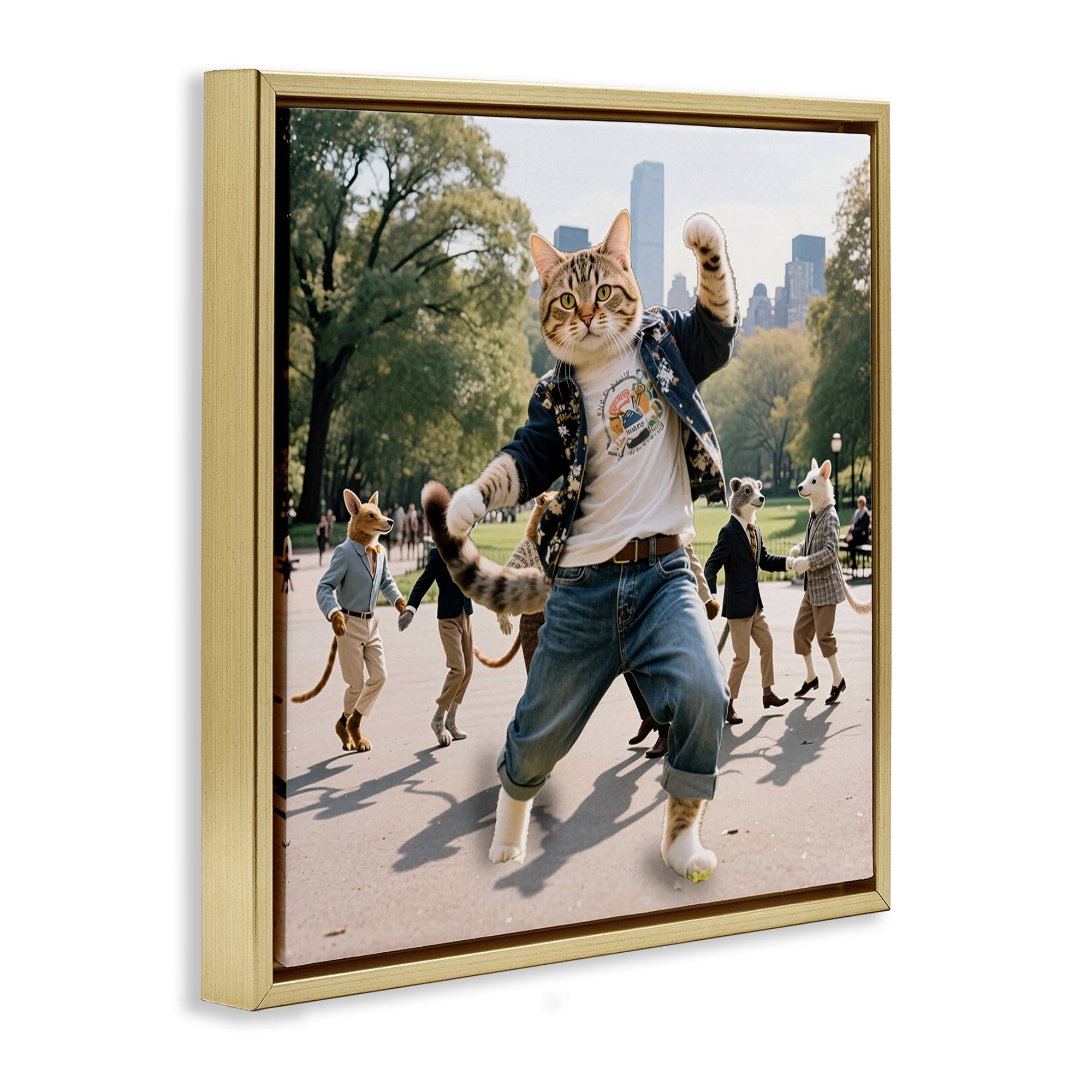 Stupell Industries Stylish Cat Dancing in Park Gold Framed Floater Canvas Wall Art, design by CAD Designs
