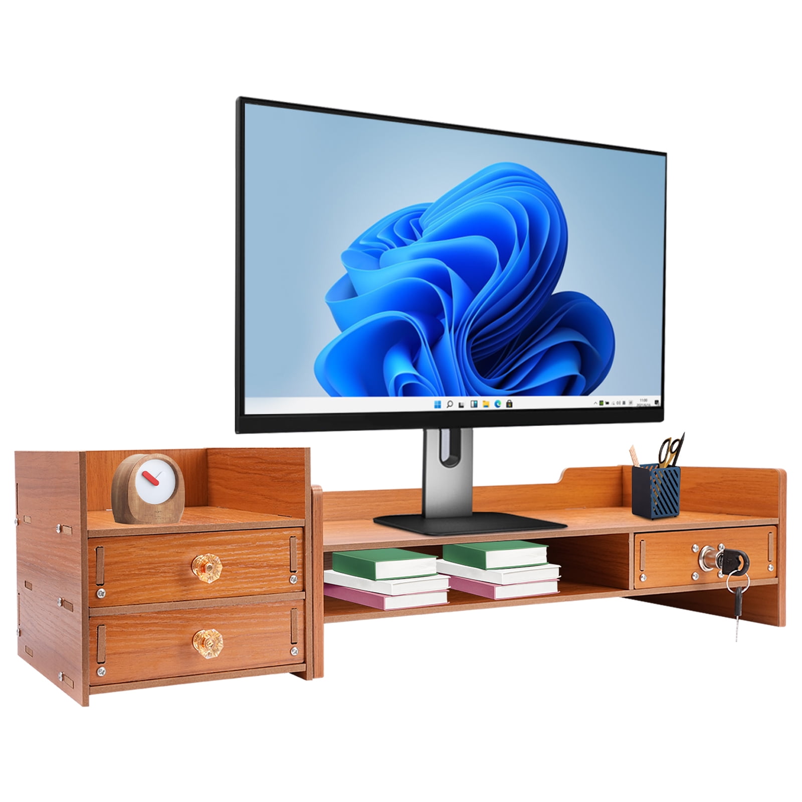 ToppiJoy Monitor Stand Riser with 3 Drawers and Lockable Compartment, MDF Desktop Organizer for Keyboard, Mouse, and Office Supplies, Space-Saving Computer Shelf for Home or Office