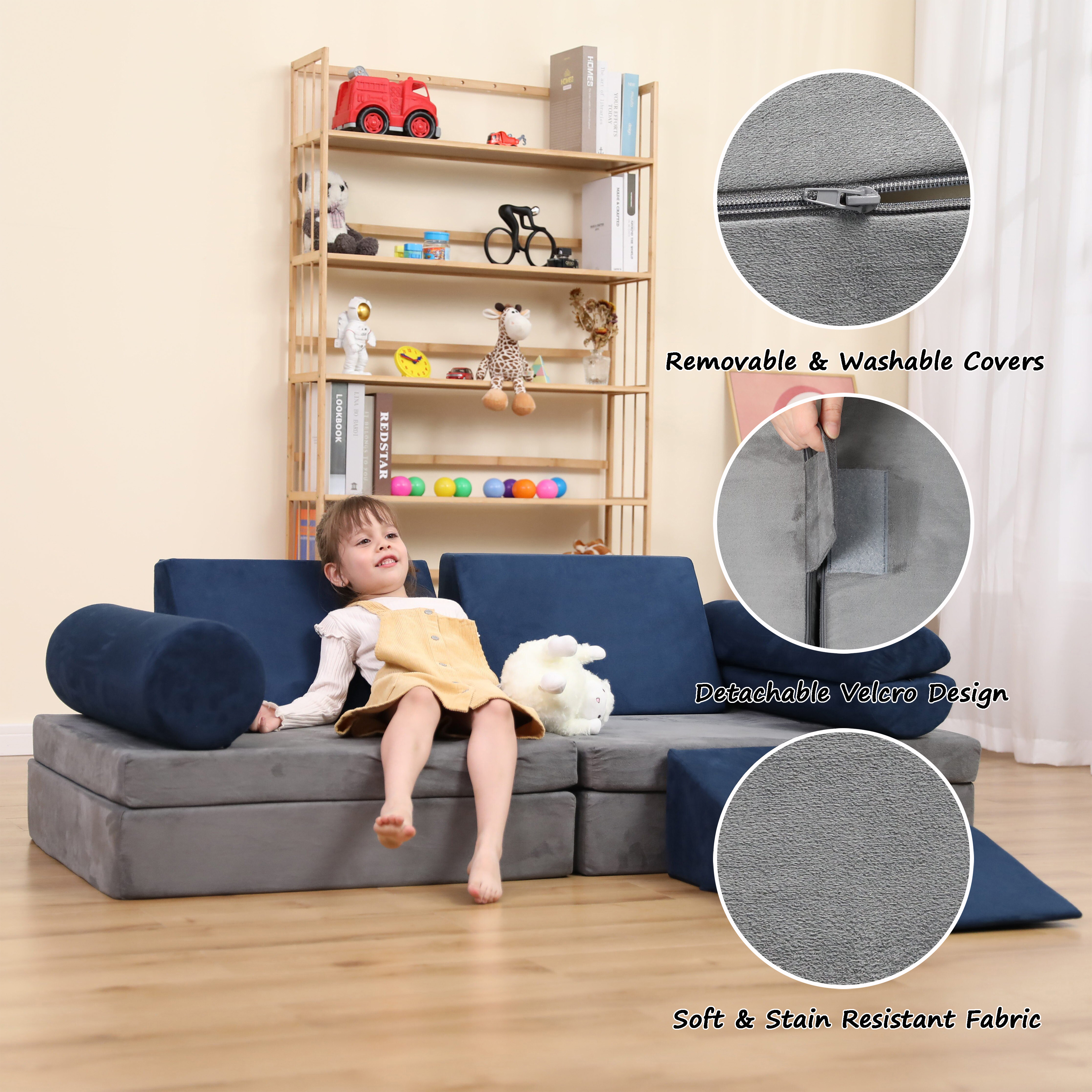 LOAOL 3-in-1 Multi-Functional Play Couch for Playroom, Kids Play Sofa Kids  Loveseat, Step and Slide Climber Crawl (Grey & Blue) 