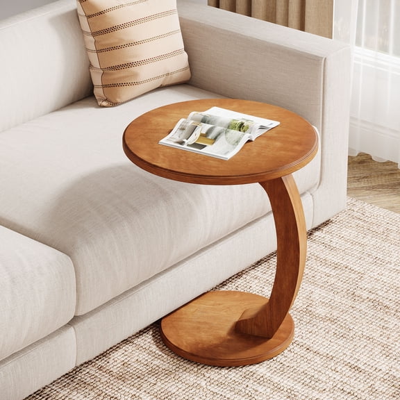Finmind Small Round C-Shaped End Table, Boho Sofa Side Table for Living Room, Brown