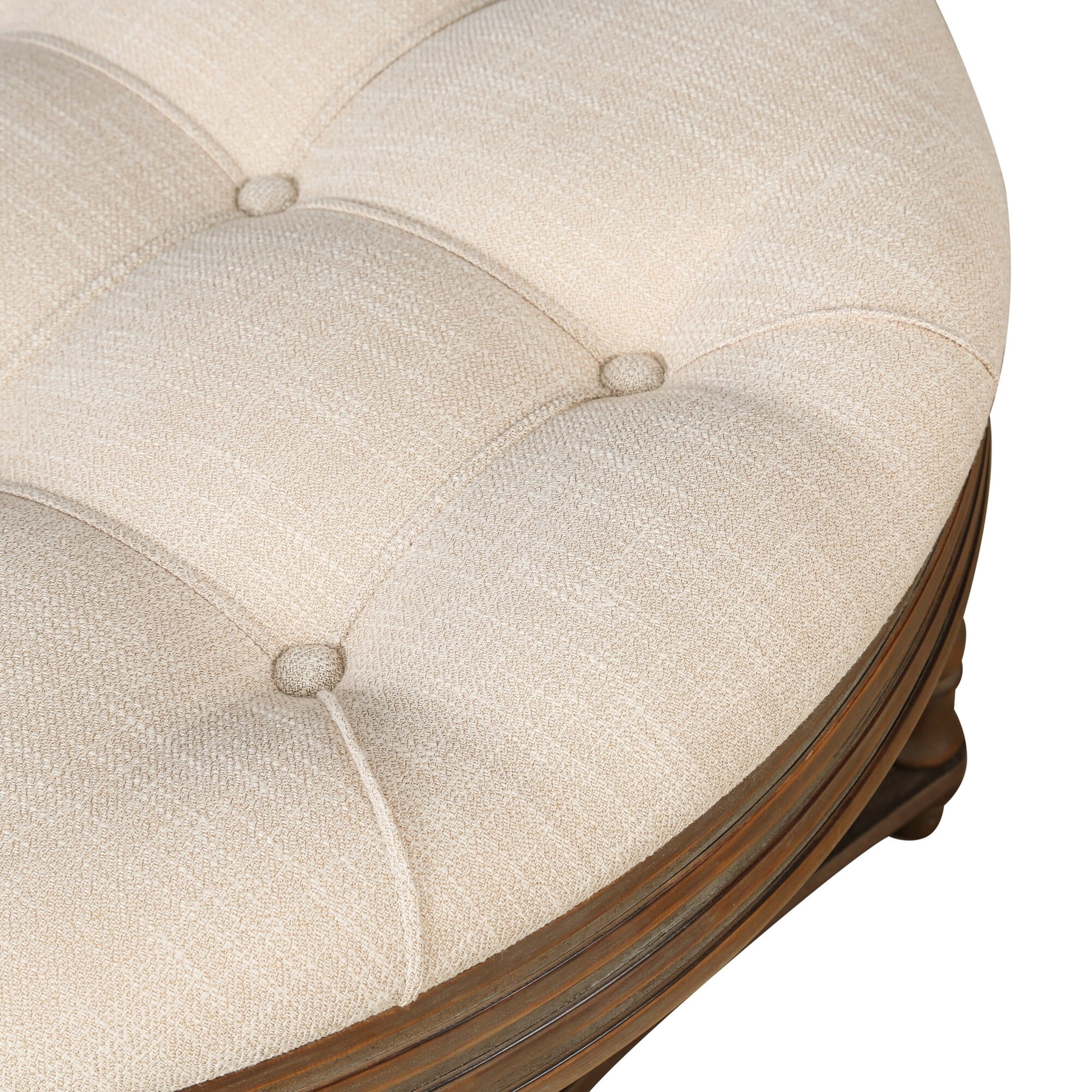 Noble House Large Round Tufted Ottoman Coffee Table with Wooden Storage Shelf, Waterproof Farmhouse Upholstered Footstool,Beige+White