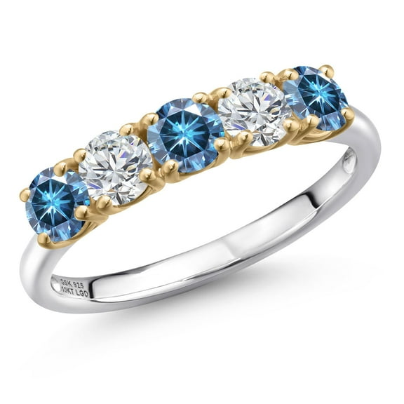 Gem Stone King 925 Silver and 10K Yellow Gold Persian Blue Moissanite and Lab Grown Diamond Wedding-Bands Ring for Women | 1.23 Cttw | Round 4MM | Gemstone Birthstone | Size 9