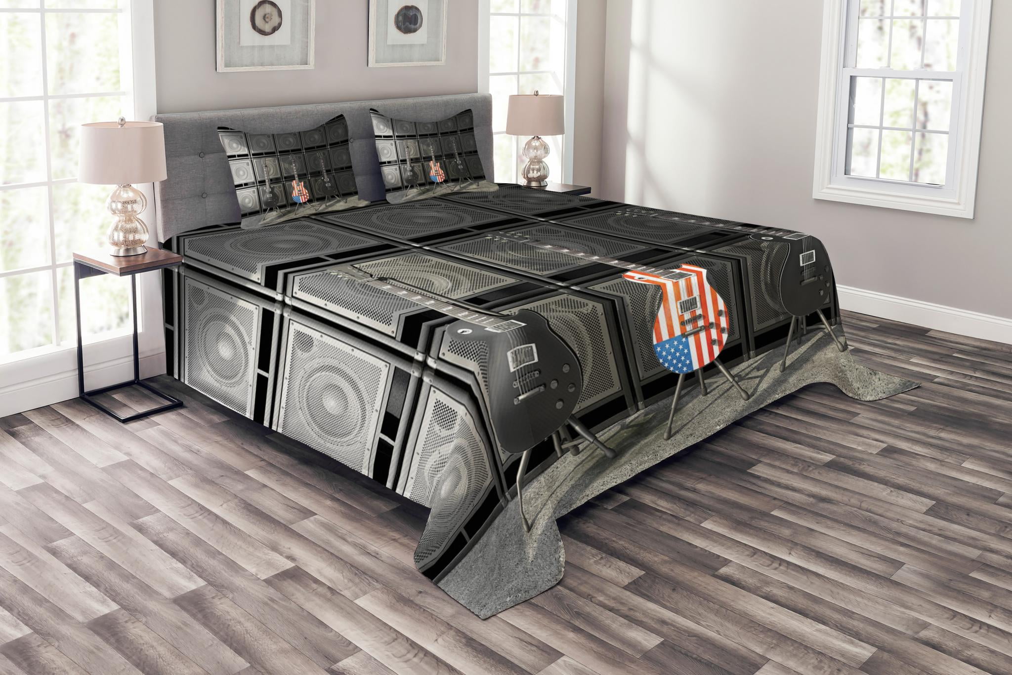 American Flag Bedspread Set Queen Size, Black and Us Bass Guitar