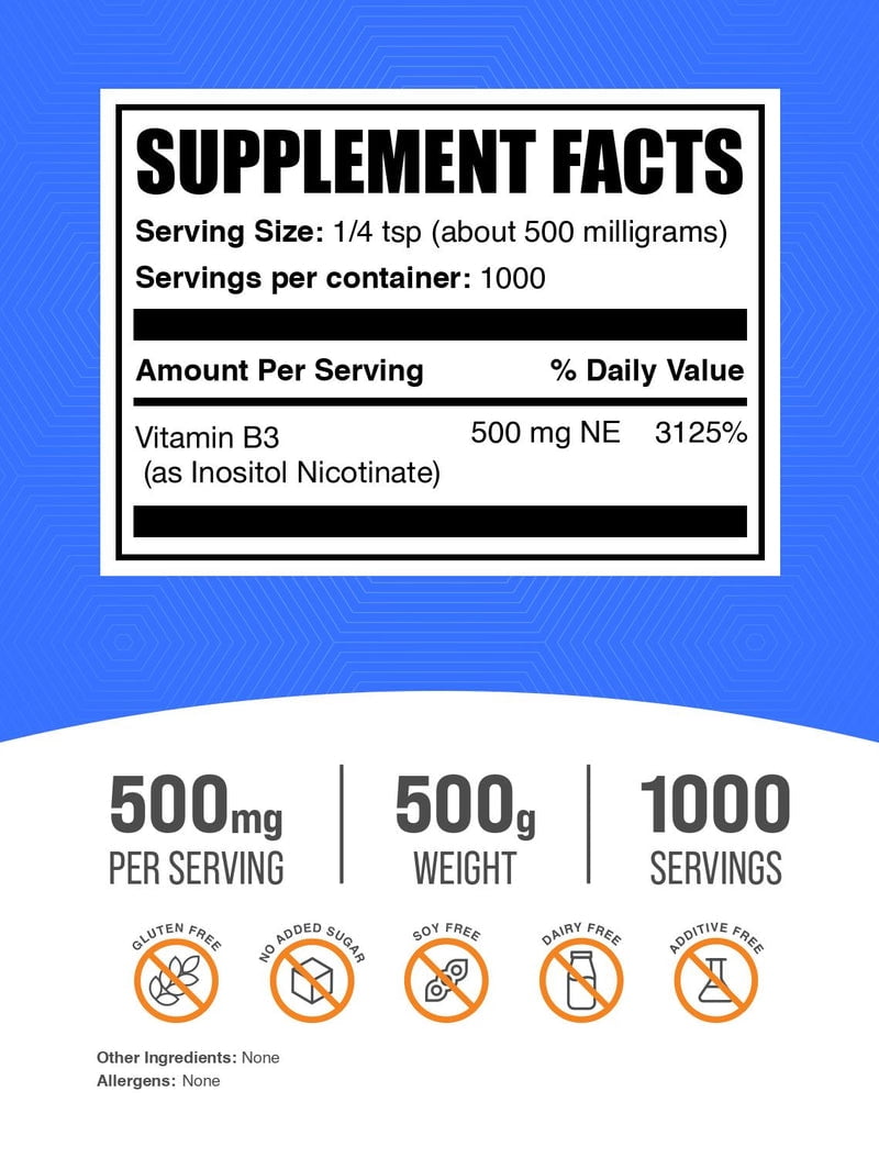 BulkSupplements Flush Free Niacin (Inositol Hexanicotinate) Powder- 500mg per Serving - 500 Grams (1.1 lbs) - 1000 Servings