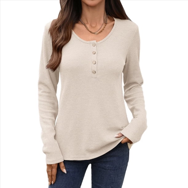 Blusas de Mujer, Corte Entallado, Cuello en V, Botones, Camisa Henley Albaricoque XXL