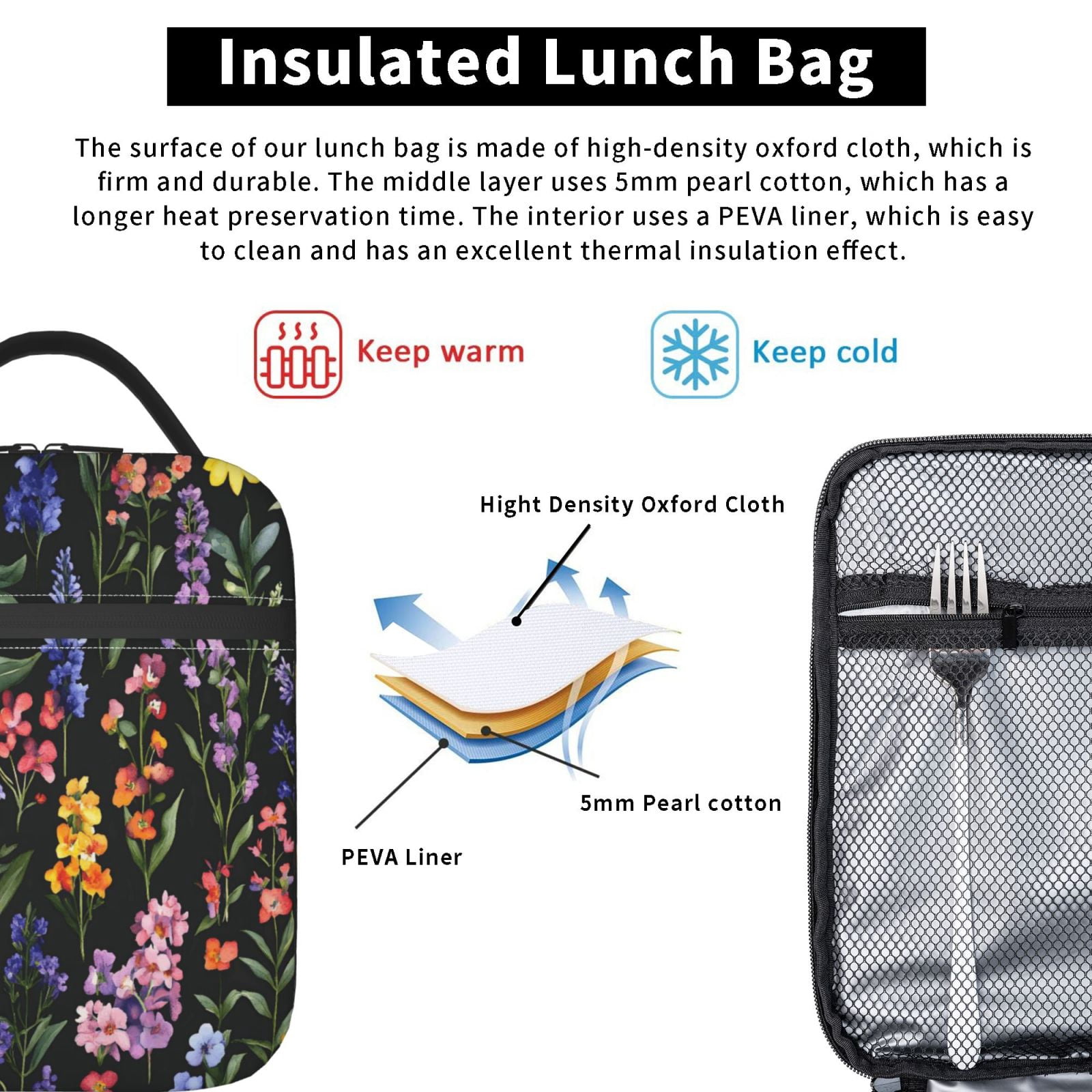 Lunch Bag For Women Men Insulated Portable Lunch Box Bento Box Office Picnic Travel Cooler Bag A Variety Of Colorful Flowers