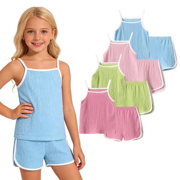 Jolyshlid Girls Summer Clothes 8 Piece Outfit Set for Kids, Cami Tank Tops and Shorts Matching Sets, Breathable Casual Beach Wear,Red Green Pink Blue,4-10Years