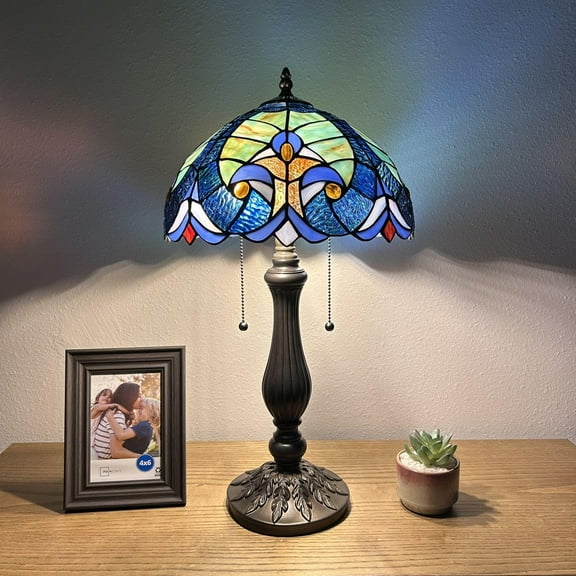 Tiffany Table Lamp Green Blue Stained Glass Included LED Bulbs Liaison Lamp for Living Room Bedroom Bedside 12"W*12"D*22"H