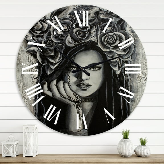 Designart 'Portrait Of A Young Lady With Flowers Iii' Modern Wall Clock