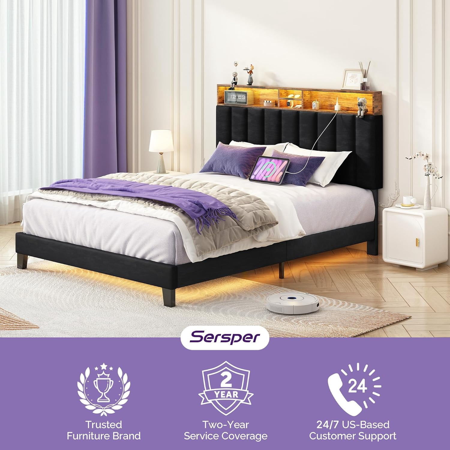 Sersper Queen Size Platform Bed Frame with Storage Upholstered Headboard, Built-in Charging Station & RGB LED Lights, Noise-Free, Easy Assembly, Black