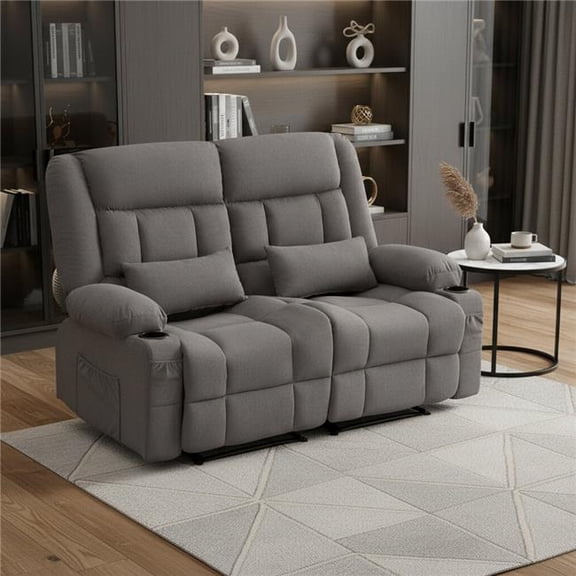 HomeRoots 721197 47 in. Gray Microfiber Manual Reclining Loveseat with Storage & Toss Pillows