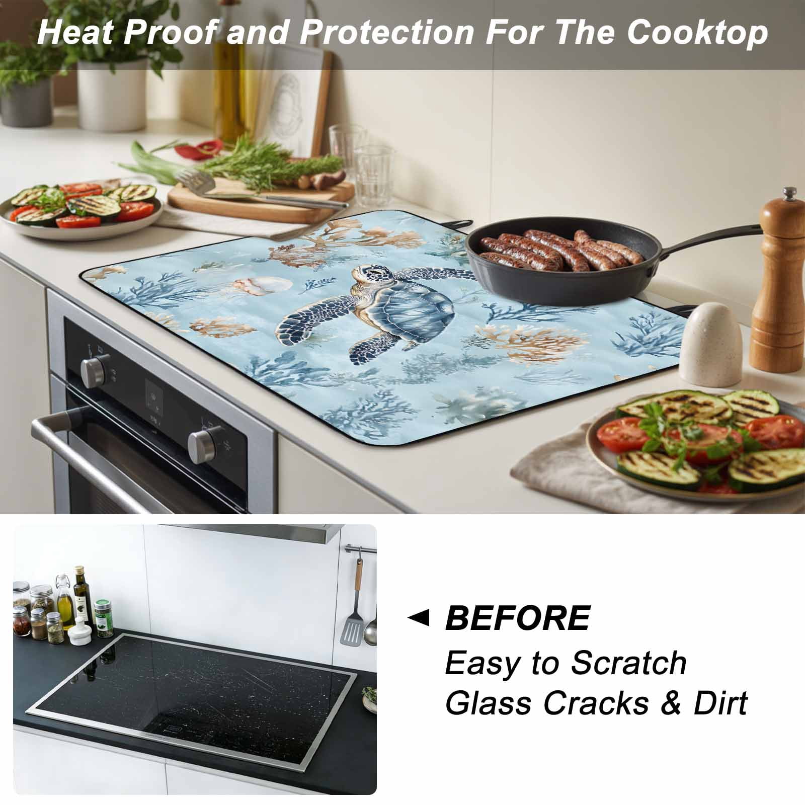 Coastal Stove Top Cover for Electric Stove, Heat-proof & Non Slip Glass Top Stove Cover Protector, Sea Turtle Summer Beach Nautical Coral Kitchen Flat Cooktop Rubber Mat 24x21 Inches