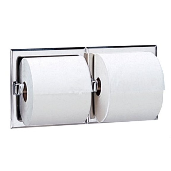 Bobrick 6977 Stainless Steel Recessed Dual Roll Toilet Tissue Dispenser, Satin Finish, 12-5/16" Width x 6-1/8" Height