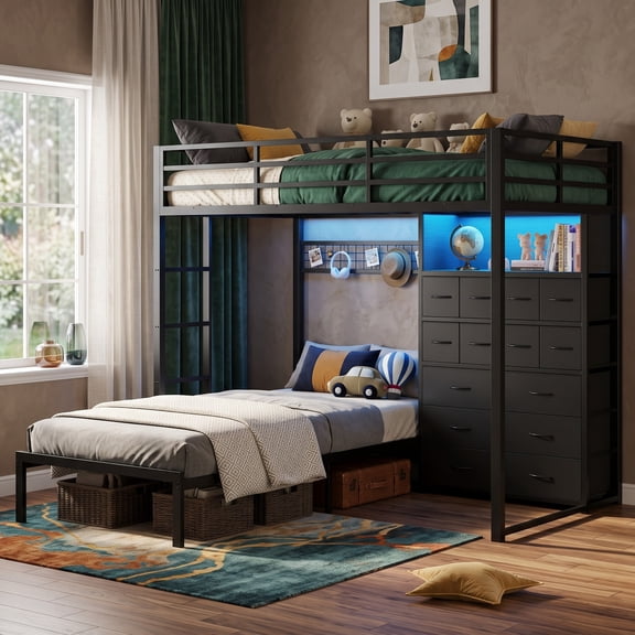 Afuhokles Twin over Twin Metal Bunk Bed with 14 Storage Drawers and Bookshelf, Black