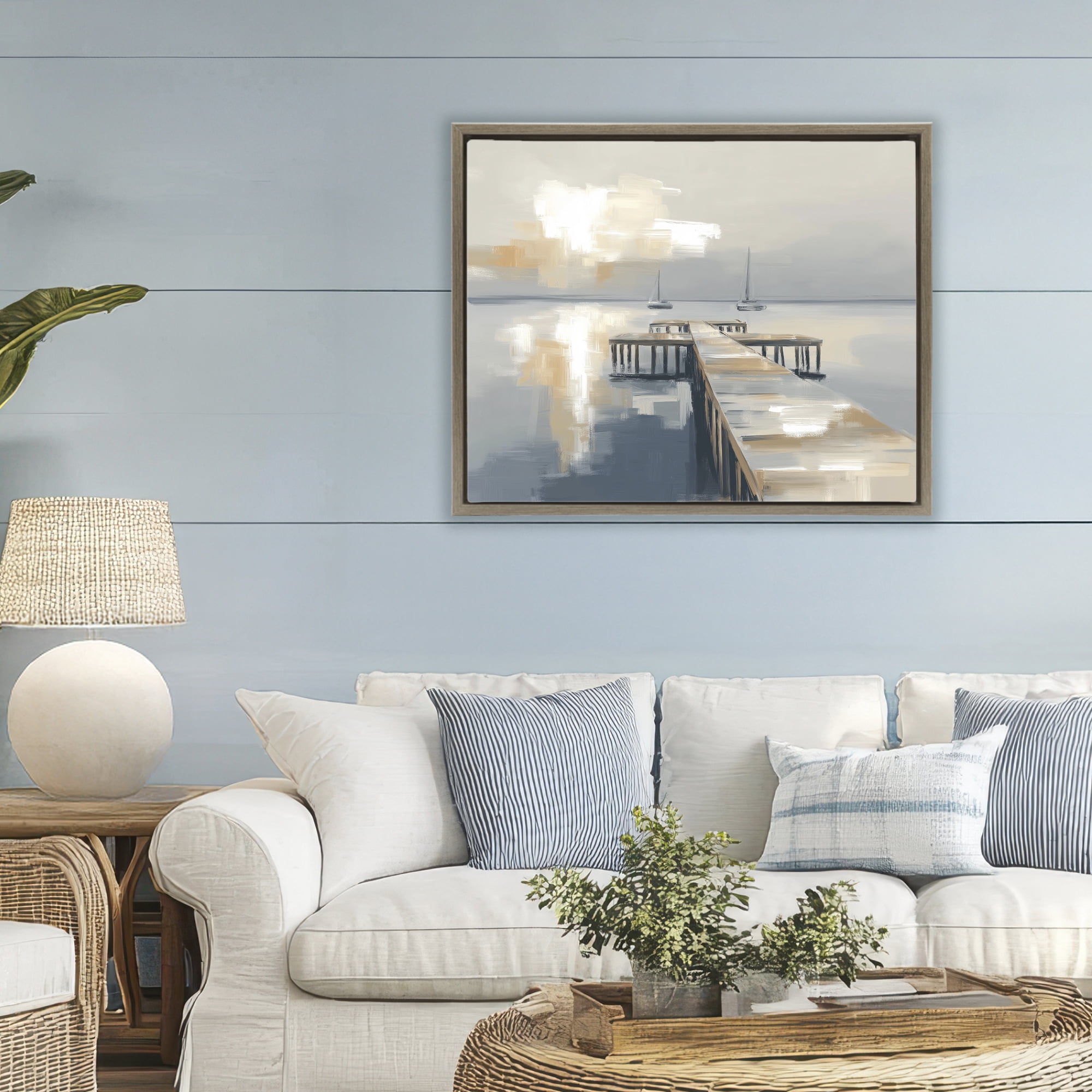 Stupell Industries Pier with Two Boats Seascape Brown Framed Floater Canvas Wall Art, design by Kim Curinga