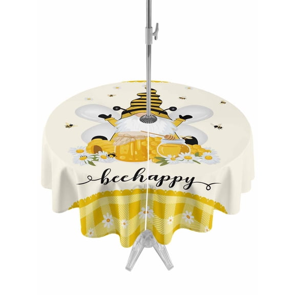 Outdoor Tablecloth with Umbrella Hole and Zipper, Yellow Bees Gnomes Round Table Cloth 54 Inch Waterproof Tablecloth, Farmhouse Spring Floral Checkered Picnic Table Cover for Patio Camping