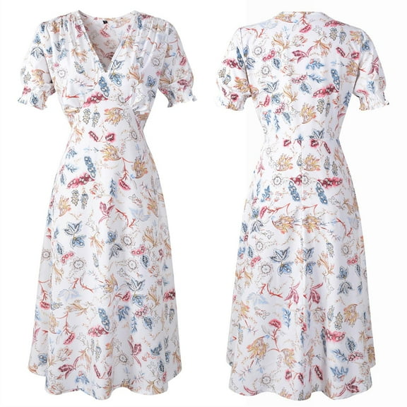 Mqqzkk Summer Dresses For Women Short Sleeve Casual Dresses V Neck Floral Printed Vacation Sundress Wrap Midi Dress with Pockets L
