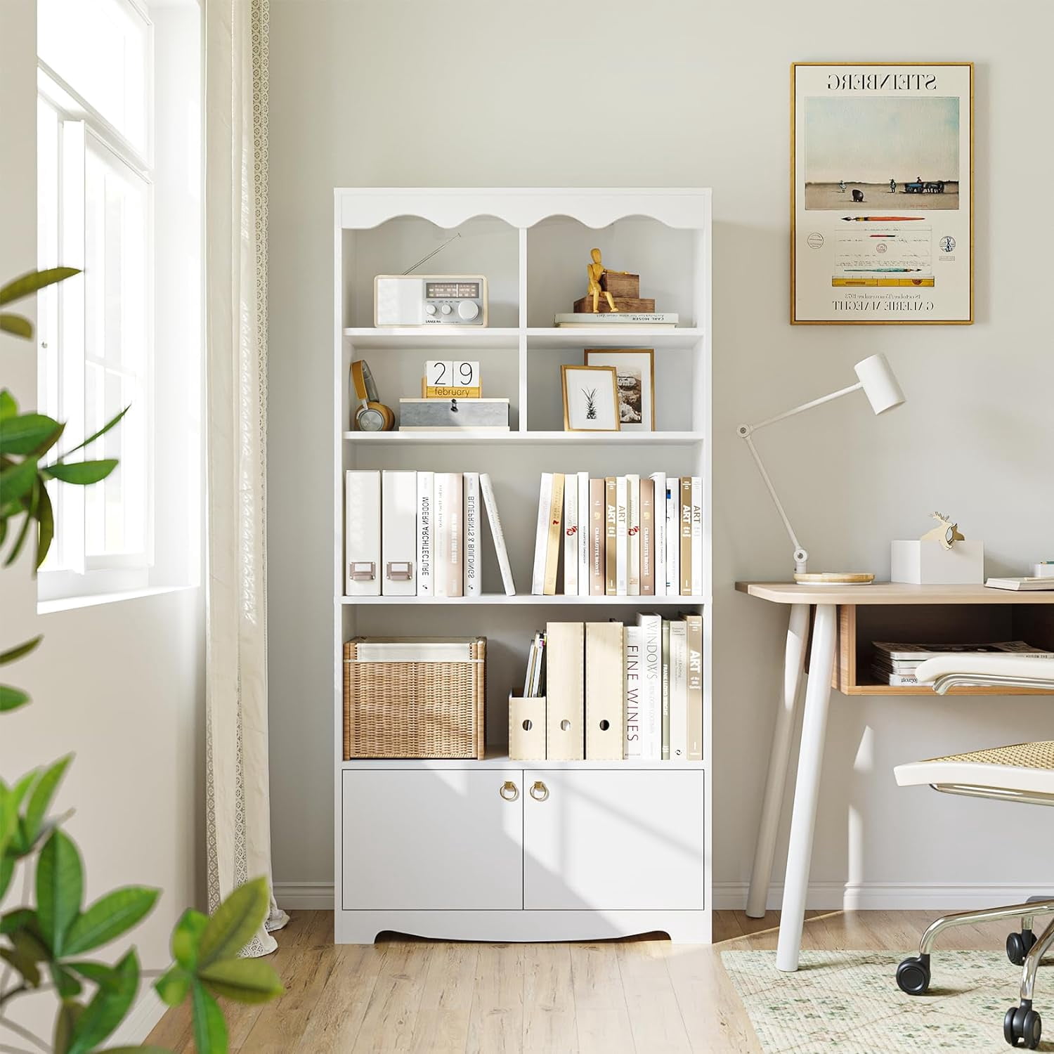 Jojoka 5-Tier White Bookcase, 63 Inch Tall Bookshelf with Open Storage Shelves & Doors, Modern Wooden Floor Standing Display Storage Shelves, Home Decor Furniture for Office, Living Room, Bedroom