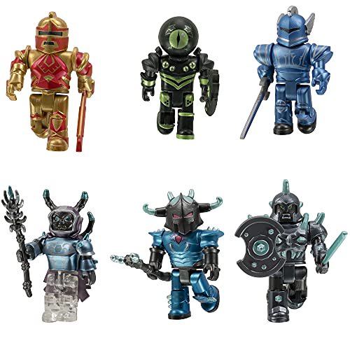colección roblox action campeones de roblox set de seis figuras de acción multicolor: fila superior muestra caballero dorado con espada, guerrero negro con detalles verdes y caballero azul con espada; fila inferior muestra figura con bastón mágico y base translúcida, guerrero con casco con cuernos y soldado con escudo circular.