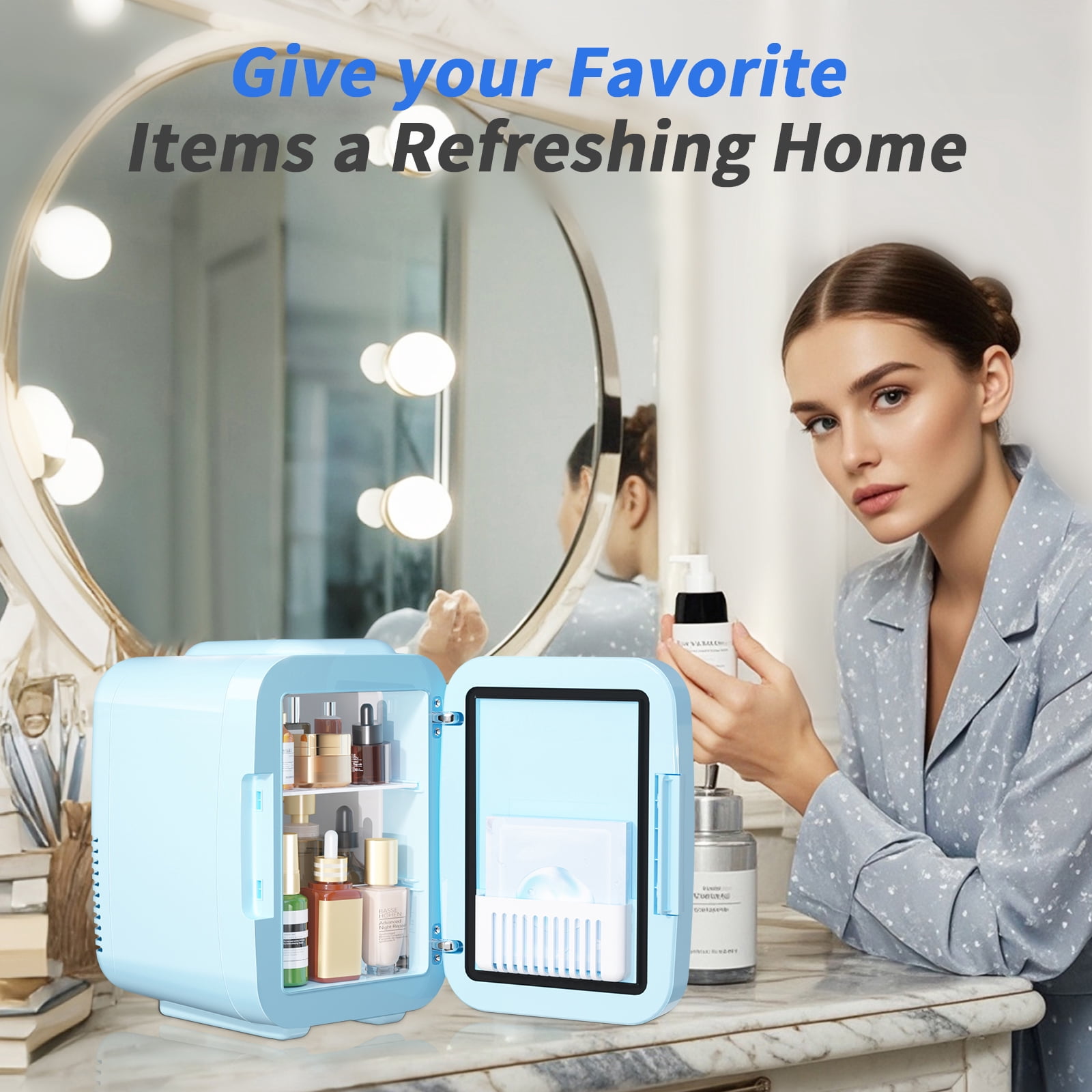 Skincare Fridge Mini Fridge for Bedroom with Dimmable LED Mirror, 4Liter/6 Cans Cooler and Warmer for Makeup, Cosmetic, Beauty, Portable Refrigerator for Bedroom, Vanity, Office and Car- Blue