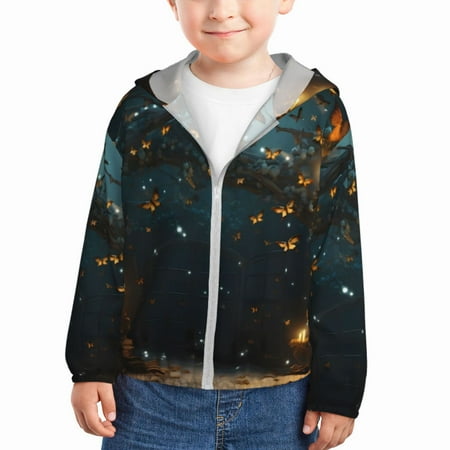 

Qekee Magical Library Butterfly Night Print UPF 50+ Kids Sun-Protective Hooded Long Sleeve Rash Guard for Fishing Water Beach Sports -2 Years