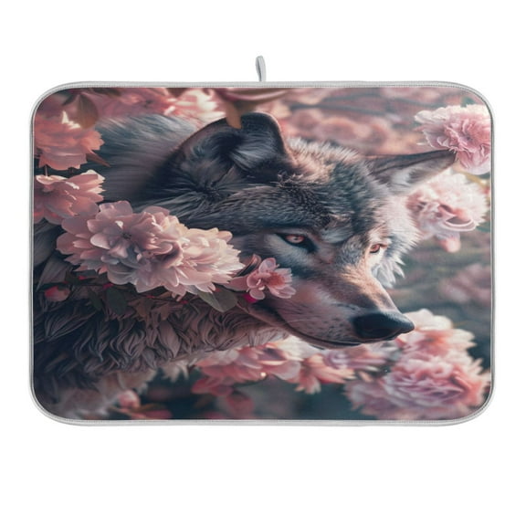 Dish Drying Mat Kitchen Counter Wolf and Cherry Blossoms Dishes Drainer Pad Absorbent Microfiber Reversible 16"x18"