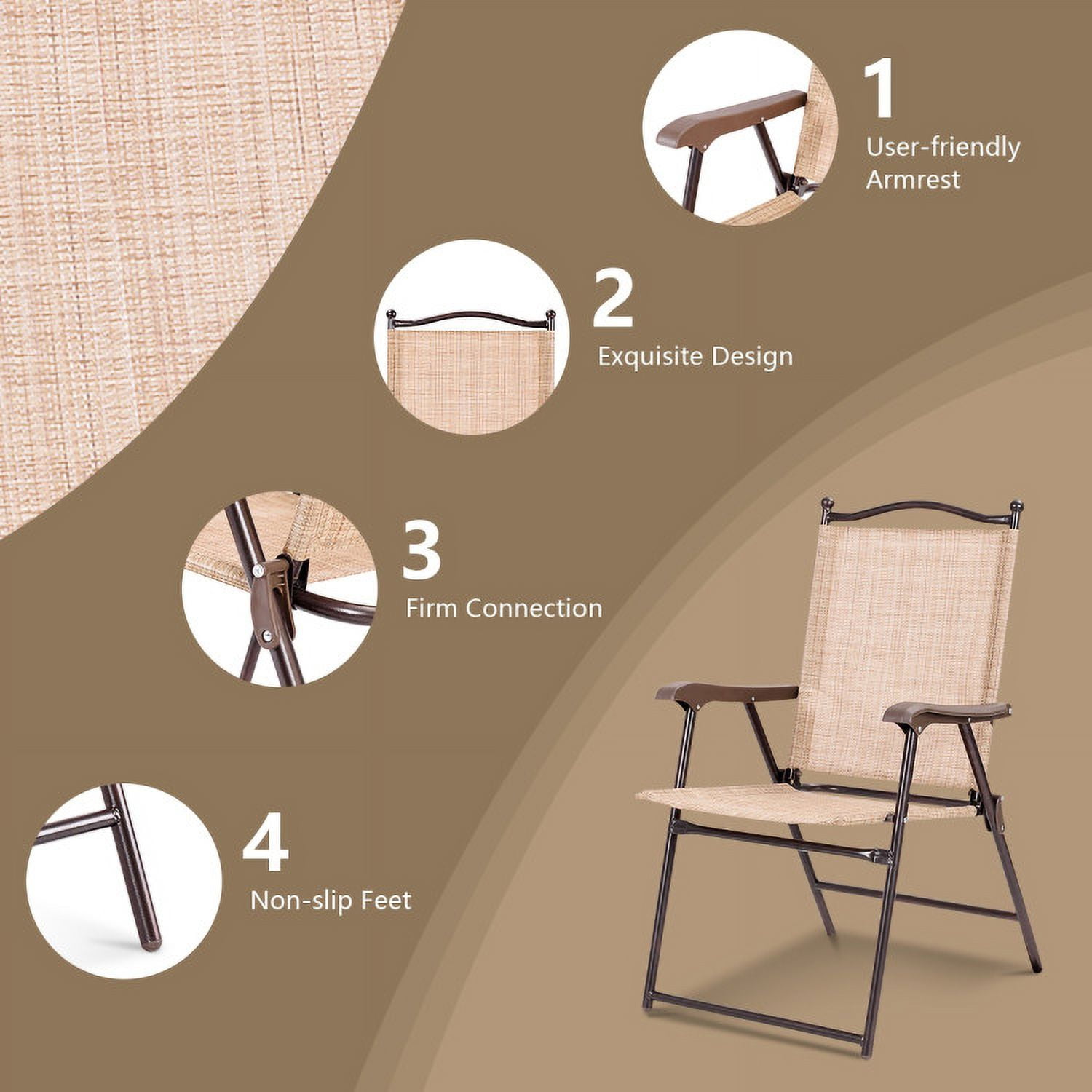 Aimee Lii Set of 2 Patio Folding Sling Back Camping Deck Chairs, Outdoor Patio Set, Beige