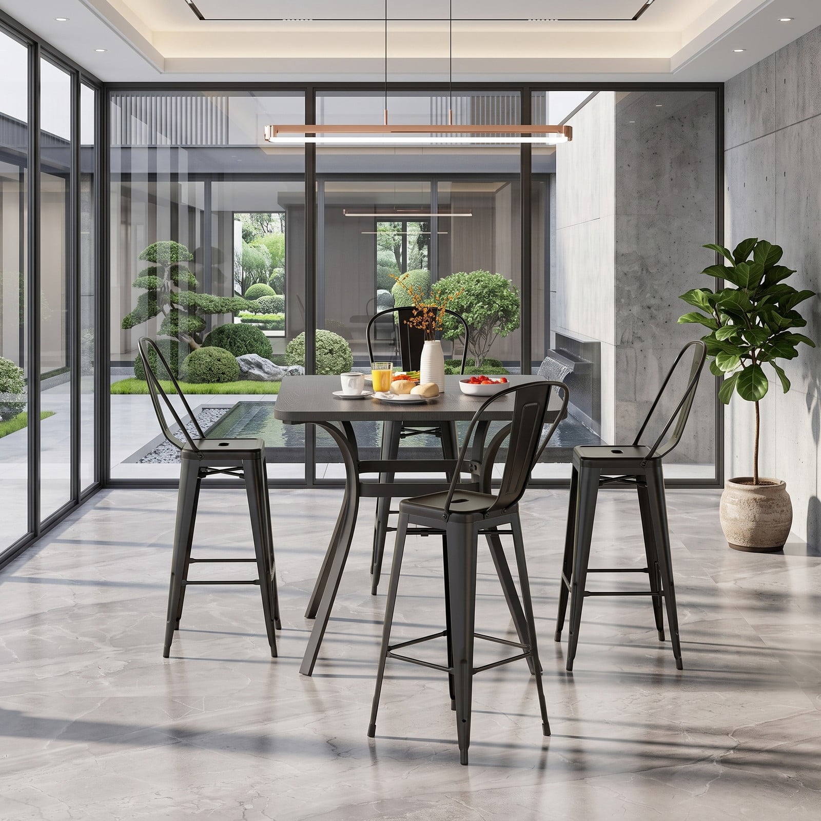 Furnibear Set of 4 Bar Height Stools, Stackable Metal Bar Stools with Removable Backrest, 30 Inch Counter Kitchen Pub Dining Chairs, 330 lbs Capacity, Black
