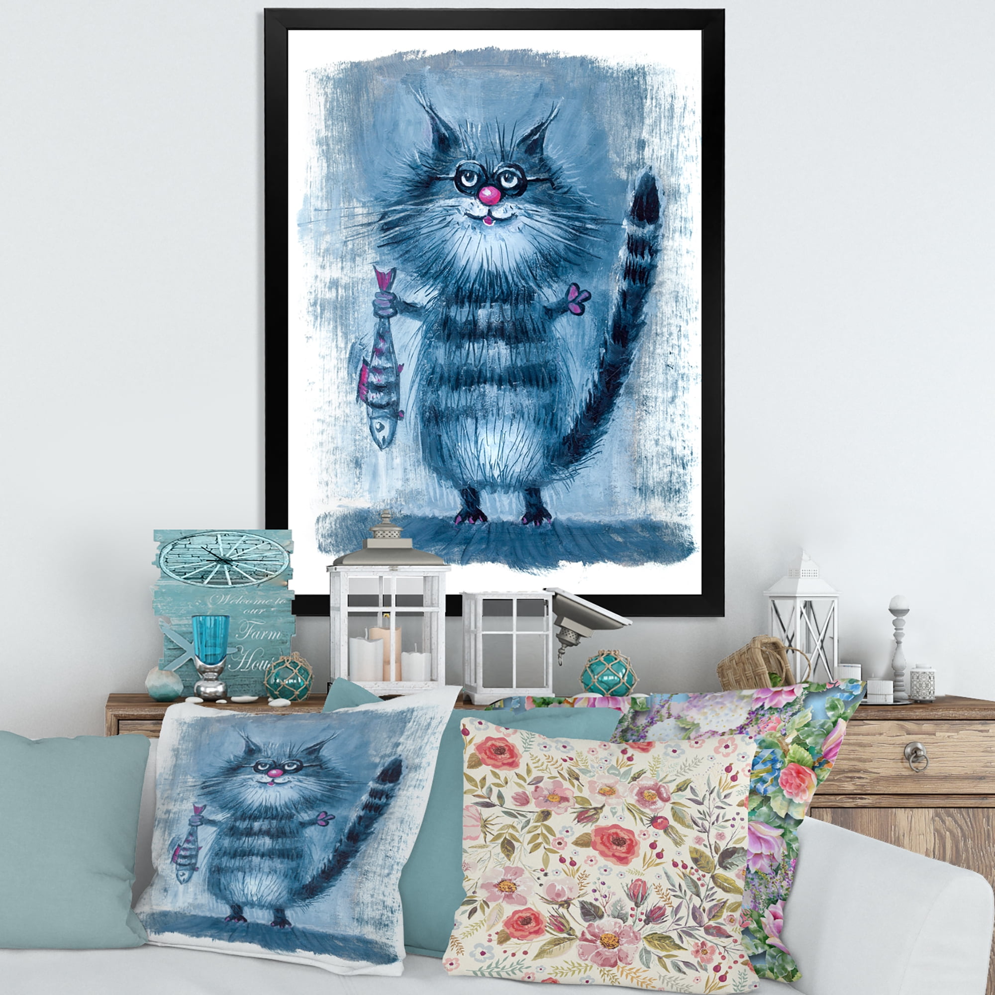Designart 'Standing Cat Holding A Fish In Its Claws' Nautical & Coastal Framed Art Print