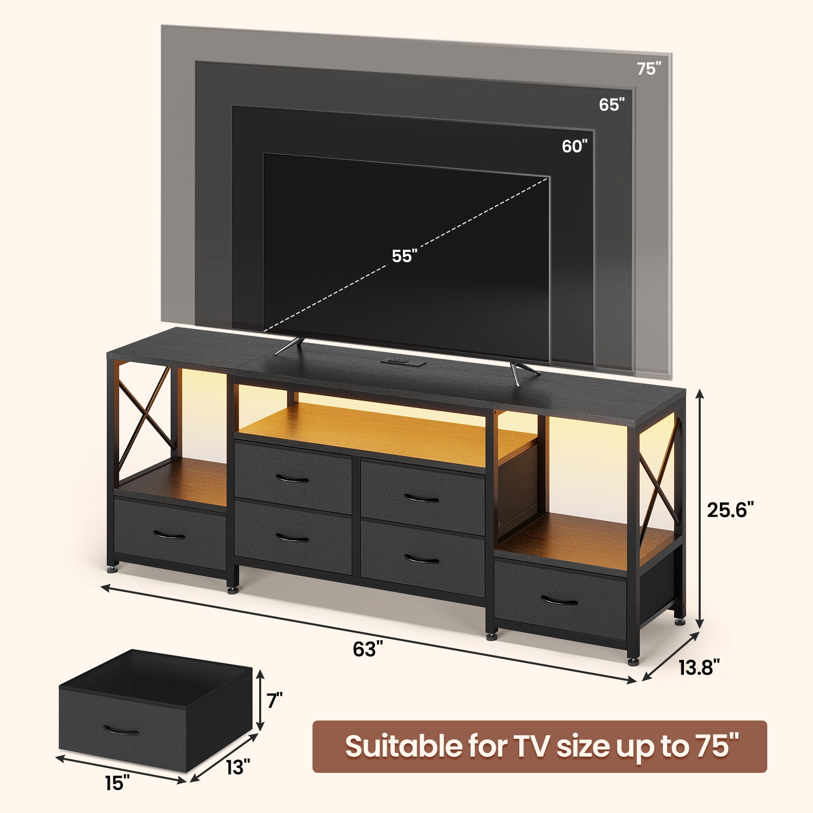 Afuhokles TV Stand up to 75 Inch TV with LED Light and Charging Station, 63" Entertainment Center Industrial TV Console Table with 6 Fabric Drawers and Open Shelves for Living Room, Black