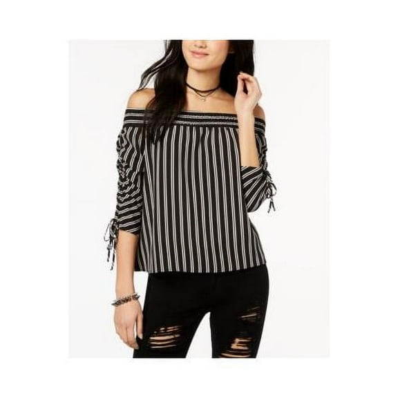 Polly Esther Juniors Striped Off The Shoulder Ruched Sleeve Top Black White XL