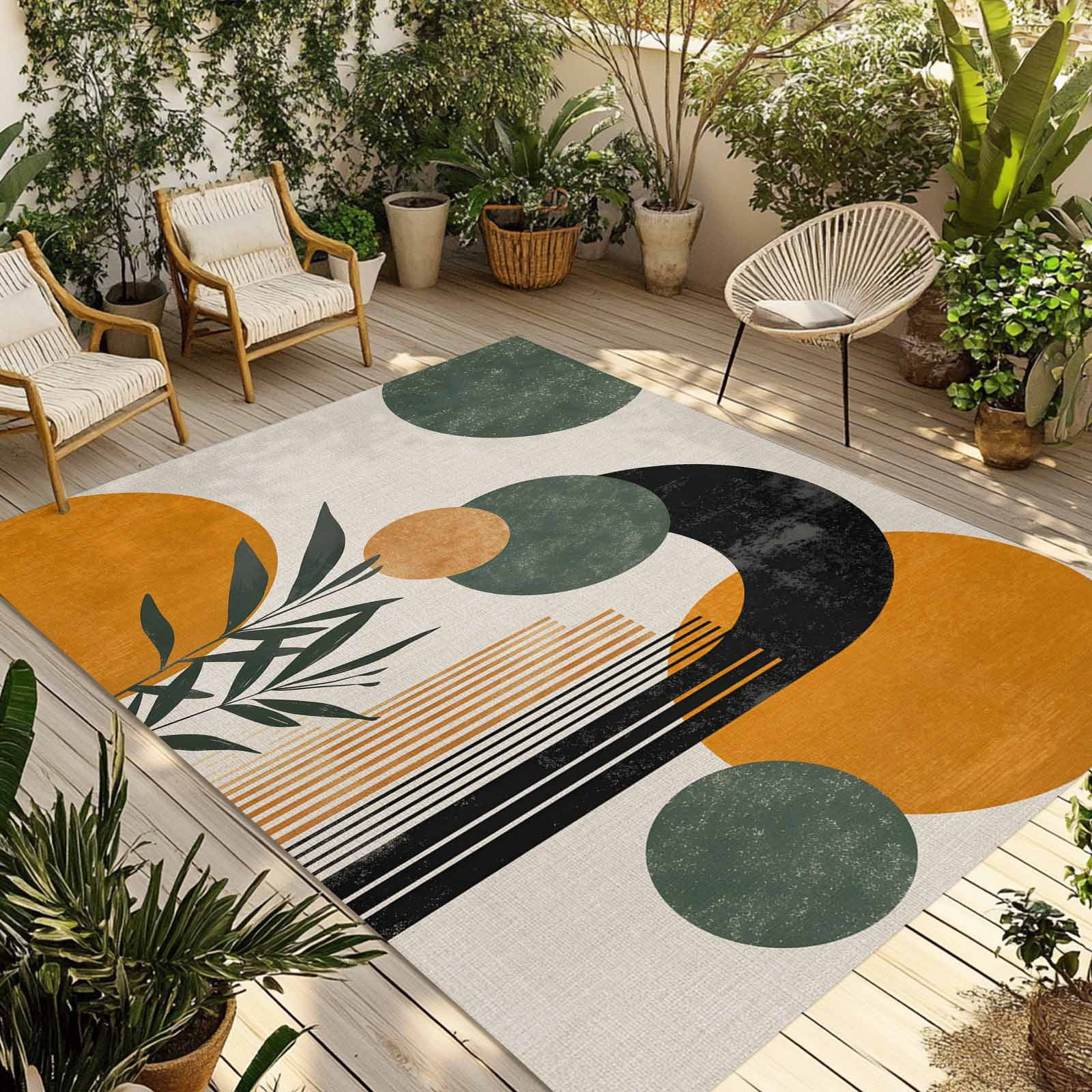 Outdoor Rug 5x8ft Boho Modern Art Plant Large Area Rug Abstract Geometric Art Indoor Outdoor Carpet Outdoor Rugs Mats for Patio Camping,RV,Front Door, Outside Decor