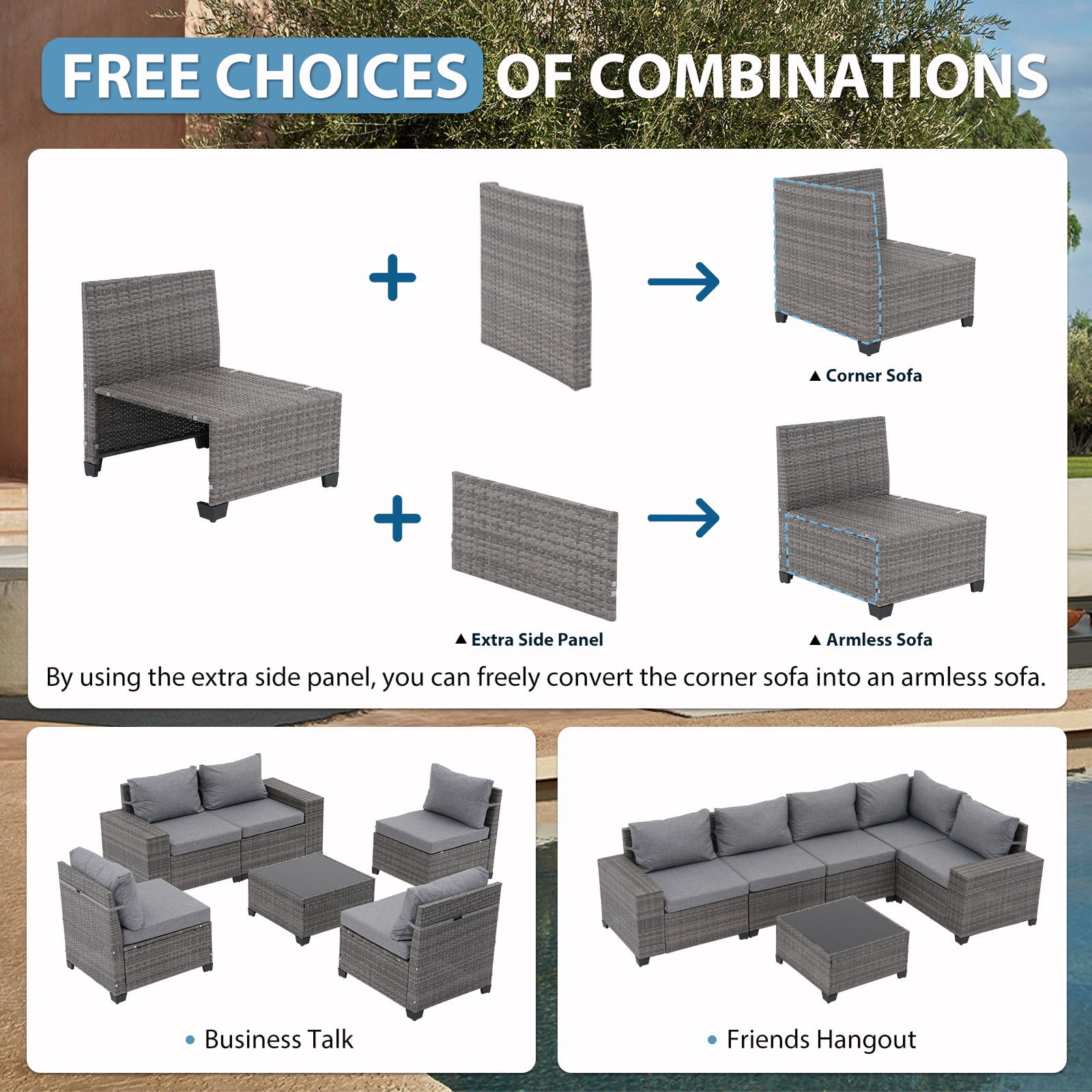 JOIVI 6-Piece Patio Furniture Set, Rattan Outdoor Conversation Set with Coffee Table, Wicker Sectional Sofa Set with Wide Armrest for Yard, Background, Gray