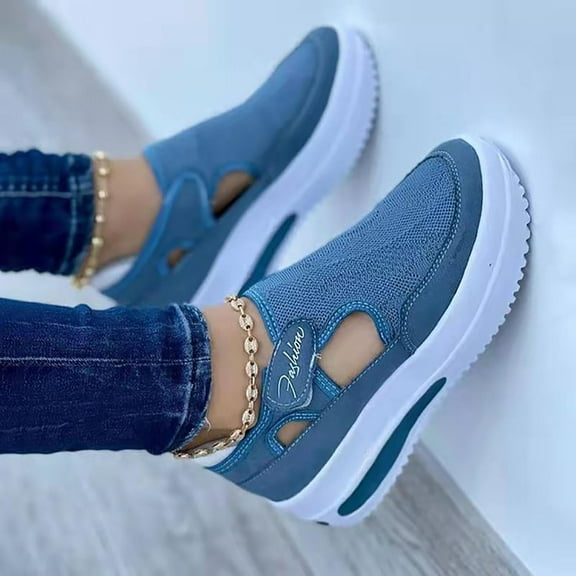 CQONEPT Casual Mesh Sneakers,Women's Knitting Flat Shoes Comfortable Walking Shoes Comfort Loafers Breathable Mesh Female Lightweight Athletic Casual Gym Slip on Sneakers Size 5 Blue