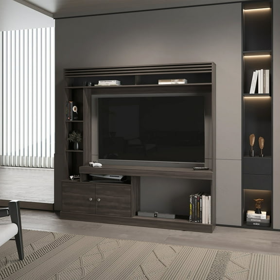 Miekor Furniture Rock House Entertainment Center with Two Doors and Open Storage, Stained Walnut 21495