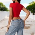 thumbnail image 5 of Women's Athletic Short Sleeve Crop Top with Stretch Fit and Crew Neck Design- Small, Red, 5 of 6