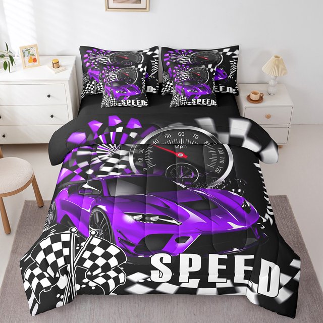 Erosebridal Cool Speed Racing Bedding Sets Twin Size, Checkered Comforter Sets with Sheets, Car Sports Decor, Reversible 7 Pieces