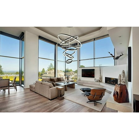 

High Ceiling Chandelier Modern Black LED Chandelier 6 Rings Dimming Pendant Light for Foyer Entryway Staircase