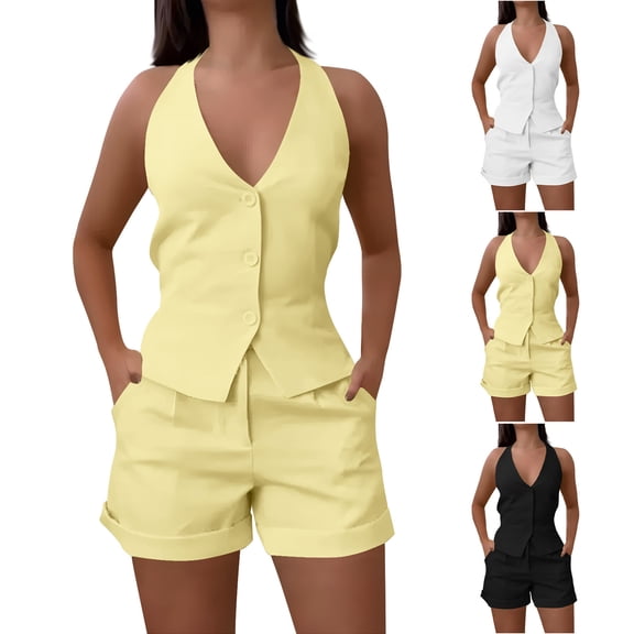 Summer Womens 2 Piece Sets Outfits Plus Size Solid Color Sleeveless Casual Suit Sleeveless V-neck Yellow Lounge Sets S-2XL
