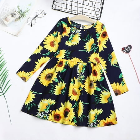 

Toddler Kids Girls Floral Sunlowers Long Sleeves Beach Dress Princess Clothes
