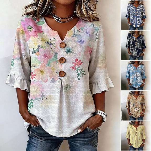 YVNAURA Women's Floral Blouse 2026 V Neck 3/4 Sleeve Loose Fit Button Front Art Flower Print Tunic Dressy Casual Summer Tops Lightweight Flowy Shirt for Office Beach Vacation, Pink, L