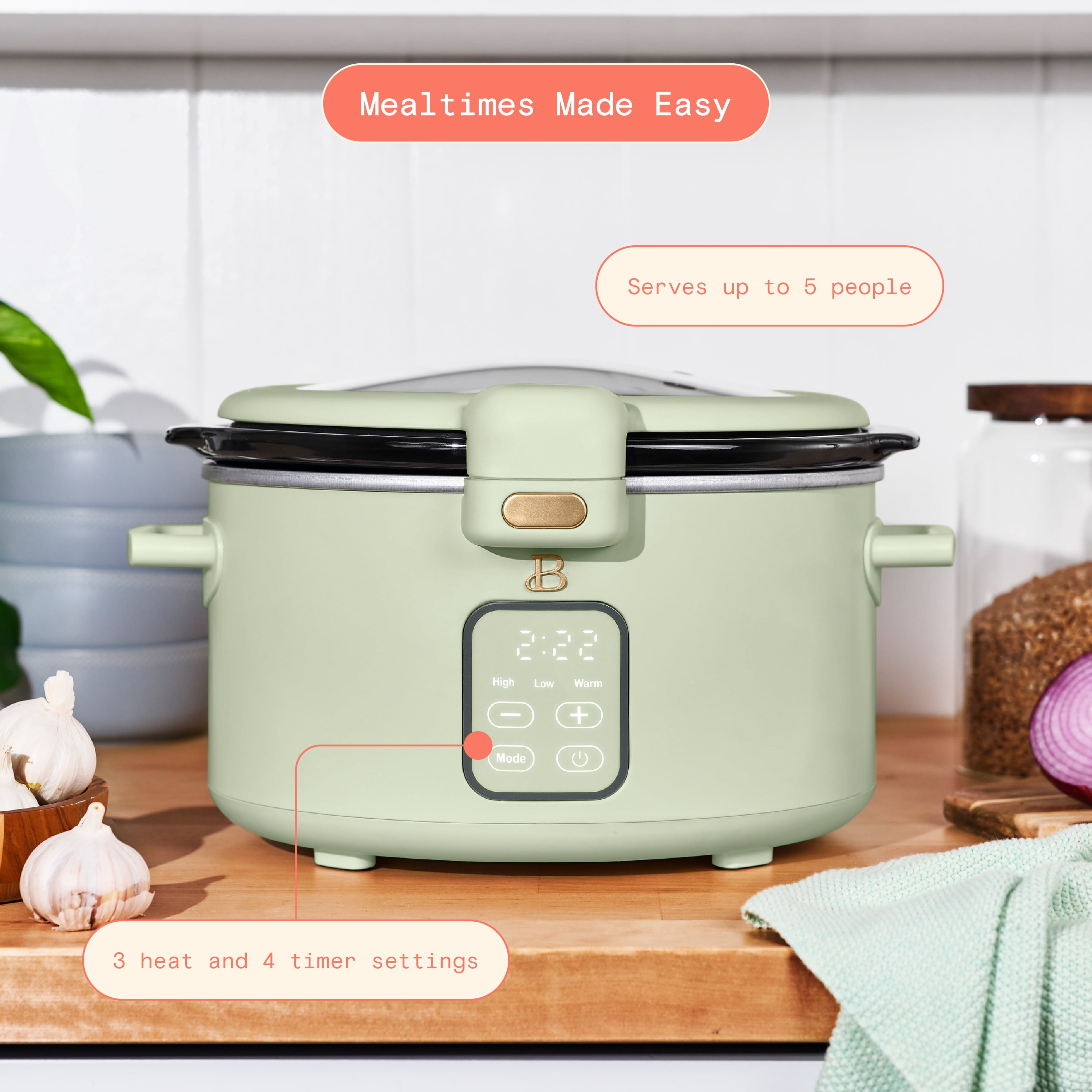 Beautiful 4 Qt Digital Slow Cooker with Hinged Locking Lid, Sage Green by Drew Barrymore