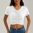thumbnail image 2 of Lenpel Crop Tops for Women Casual Short Sleeve V Neck Ruched Solid Color Cropped T-Shirts Trendy Summer Clothes, 2 of 5