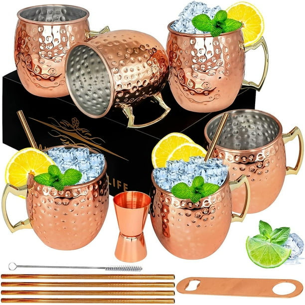 Juego de 6 tazas de cobre LINALL Moscow Mule de 530 ml con pajita y jarra