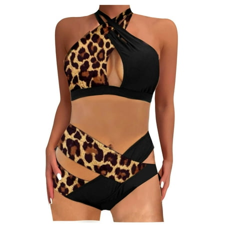 WIZUTIZ Womens Swimsuits Tankini Plus Size Slimming Smocked High Rise Hanging Neck with Shorts Keyhole Tailored Leopard Animal Print Bathing Suit Sleeveless Swim Suit 2 Piece with Liner Beach Brown