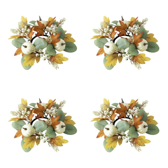 4 Pcs Fall Pumpkins Candle Rings Wreaths Decor Fall Candle Rings with Pumpkin Maple Leaves Thanksgiving Day Candle Holder Wreath Mini Autumn Artificial Candle Ring for Wedding, Tabletop Decoration
