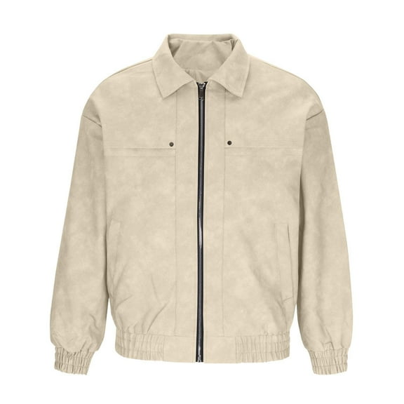 USNSM Men's Vintage Lightweight Suede Jacket Casual Fashion Pockets Zipper Lapel Jacket Windproof Warm Long Sleeve Hoodless Leather Jacket Beige XXXL